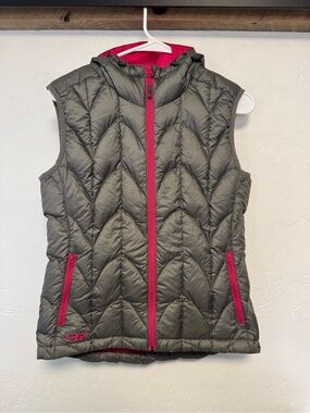 Outdoor Research Quilted Hooded Vest in Gray with Pink Lining